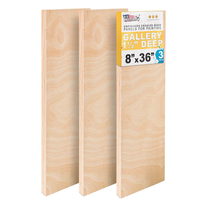 8" x 36" Unfinished Cradled Wood Panels for Painting, Gallery 1-1/2" Deep (3 Pack)- Artist Depth Wooden Wall Canvases - Mixed-Media Craft, Acrylic, Oil, Encaustic, Paint Pouring