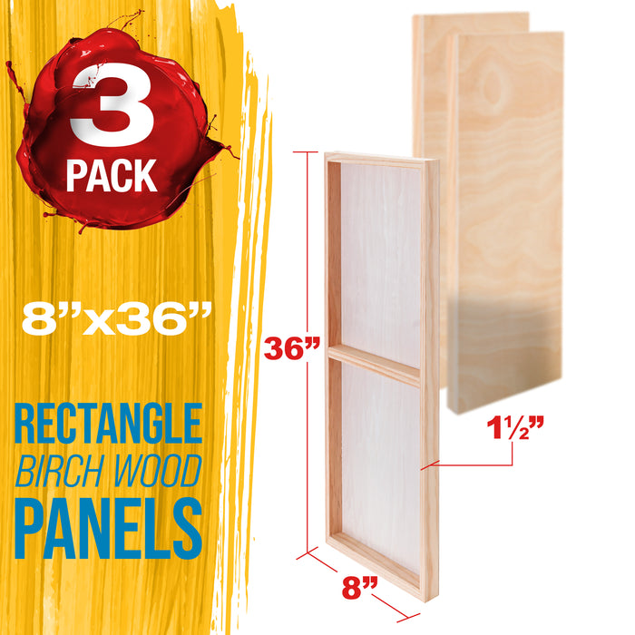 8" x 36" Unfinished Cradled Wood Panels for Painting, Gallery 1-1/2" Deep (3 Pack)- Artist Depth Wooden Wall Canvases - Mixed-Media Craft, Acrylic, Oil, Encaustic, Paint Pouring