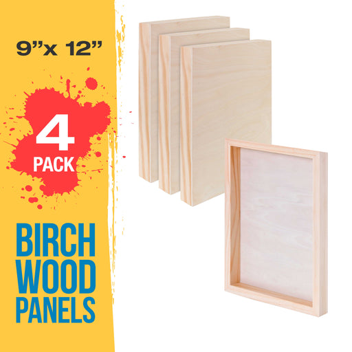 9" x 12" Birch Wood Paint Pouring Panel Boards, Gallery 1-1/2" Deep Cradle (4 Pack) - Artist Depth Wooden Wall Canvases - Painting, Acrylic, Oil