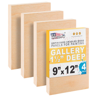 Unfinished Cradled Wood Panels for Painting, 4 Pack of 9x12 inch - Gallery Birch Wooden Canvas Boards 1-1/2" Deep - Mixed-Media Craft, Acrylic, Oil, Encaustic, Paint Pouring