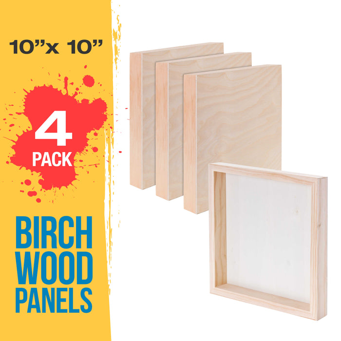10" x 10" Birch Wood Paint Pouring Panel Boards, Gallery 1-1/2" Deep Cradle (4 Pack) - Artist Depth Wooden Wall Canvases - Painting, Acrylic, Oil