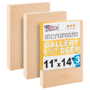 Unfinished Cradled Wood Panels for Painting, 3 Pack of 11x14 inch - Gallery Birch Wooden Canvas Boards 1-1/2" Deep - Mixed-Media Craft, Acrylic, Oil, Encaustic, Paint Pouring