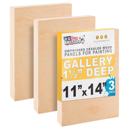 Unfinished Cradled Wood Panels for Painting, 3 Pack of 11x14 inch - Gallery Birch Wooden Canvas Boards 1-1/2" Deep - Mixed-Media Craft, Acrylic, Oil, Encaustic, Paint Pouring
