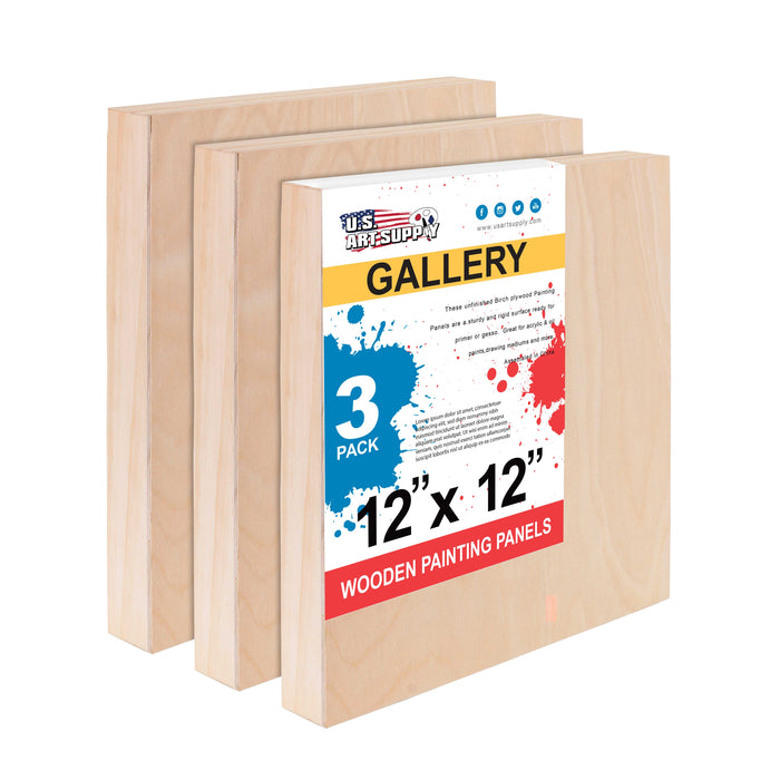 12" x 12" Birch Wood Paint Pouring Panel Boards, Gallery 1-1/2" Deep Cradle (3 Pack) - Artist Depth Wooden Wall Canvases - Painting, Acrylic, Oil