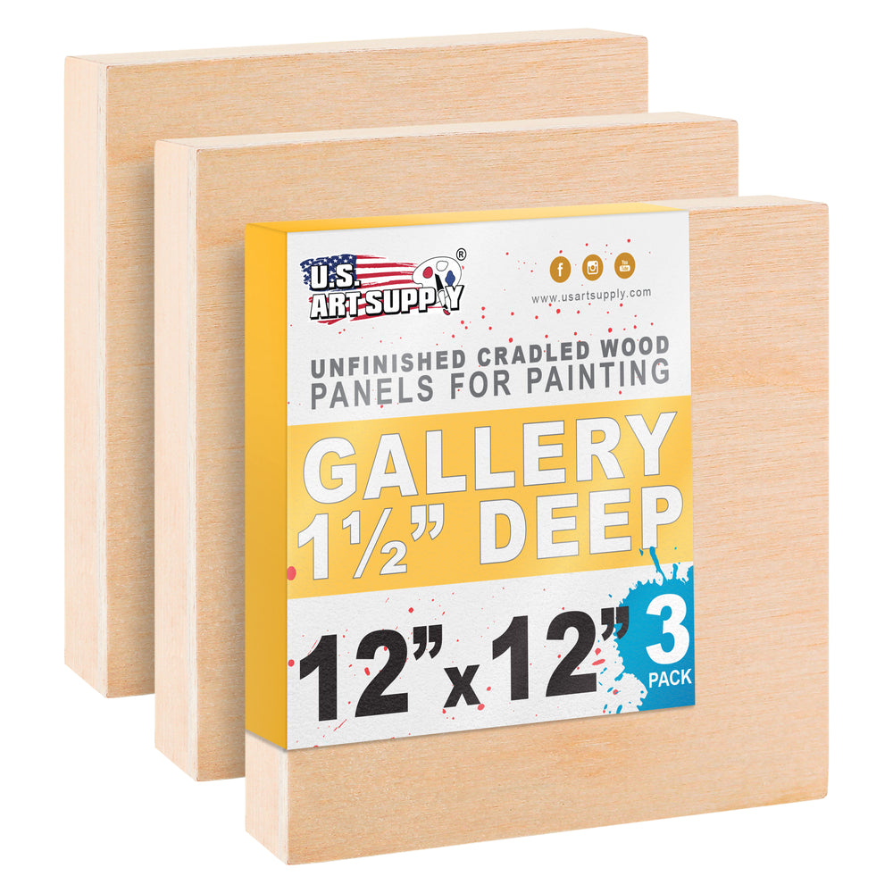 Unfinished Cradled Wood Panels for Painting, 3 Pack of 12x12 inch - Gallery Birch Wooden Canvas Boards 1-1/2" Deep - Mixed-Media Craft, Acrylic, Oil, Encaustic, Paint Pouring