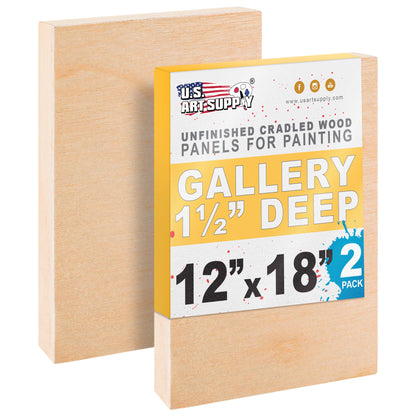 Unfinished Cradled Wood Panels for Painting, 2 Pack of 12x18 inch - Gallery Birch Wooden Canvas Boards 1-1/2" Deep - Mixed-Media Craft, Acrylic, Oil, Encaustic, Paint Pouring