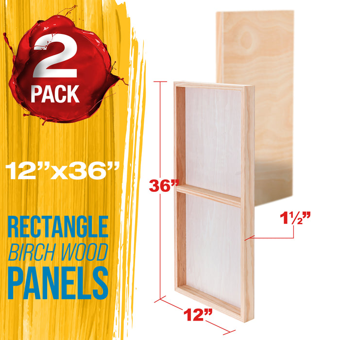 Unfinished Cradled Wood Panels for Painting, 2 Pack of 12x36 inch - Gallery Birch Wooden Canvas Boards 1-1/2" Deep - Mixed-Media Craft, Acrylic, Oil, Encaustic, Paint Pouring