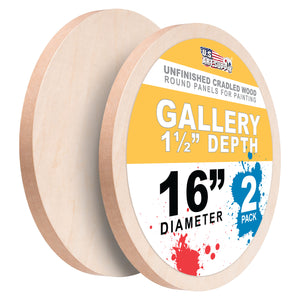16" Round Unfinished Cradled Wood Panels for Painting, Gallery 1-1/2" Deep (2 Pack) - Artist Depth Wooden Wall Canvases - Mixed-M
