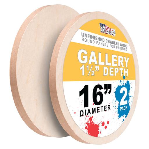 16" Round Unfinished Cradled Wood Panels for Painting, Gallery 1-1/2" Deep (2 Pack) - Artist Depth Wooden Wall Canvases - Mixed-M