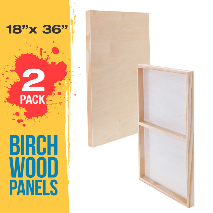 18" x 36" Birch Wood Paint Pouring Panel Boards, Gallery 1-1/2" Deep Cradle (Pack of 2) - Artist Depth Wooden Wall Canvases - Painting, Acrylic, Oil