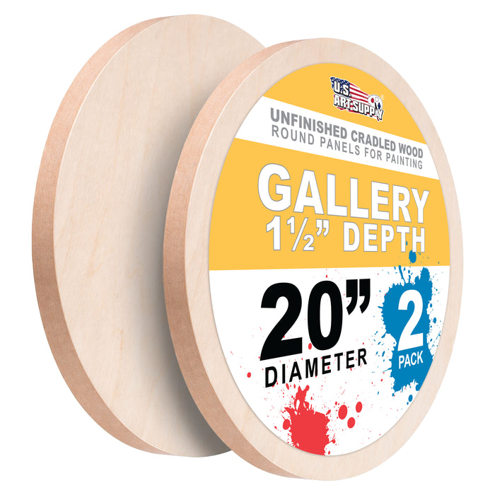 20" Round Unfinished Cradled Wood Panels for Painting, Gallery 1-1/2" Deep (2 Pack) - Artist Depth Wooden Wall Canvases - Mixed-Media Craft, Acrylic, Oil, Encaustic, Paint Pouring