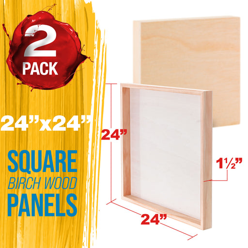 Unfinished Cradled Wood Panels for Painting, 2 Pack of 24x24 inch - Gallery Birch Wooden Canvas Boards 1-1/2" Deep - Mixed-Media Craft, Acrylic, Oil, Encaustic, Paint Pouring