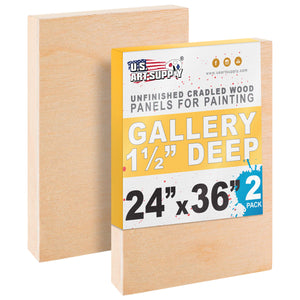 Unfinished Cradled Wood Panels for Painting, 2 Pack of 24x36 inch - Gallery Birch Wooden Canvas Boards 1-1/2" Deep - Mixed-Media Craft, Acrylic, Oil, Encaustic, Paint Pouring