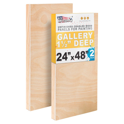 Unfinished Cradled Wood Panels for Painting, 2 Pack of 24x48 inch - Gallery Birch Wooden Canvas Boards 1-1/2" Deep - Mixed-Media Craft, Acrylic, Oil, Encaustic, Paint Pouring