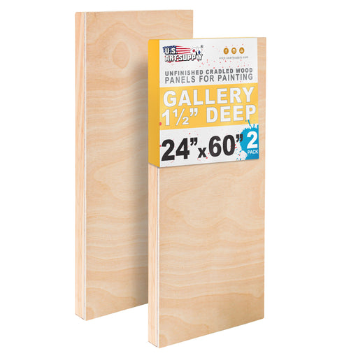 Unfinished Cradled Wood Panels for Painting, 2 Pack of 24x60 inch - Gallery Birch Wooden Canvas Boards 1-1/2" Deep - Mixed-Media Craft, Acrylic, Oil, Encaustic, Paint Pouring