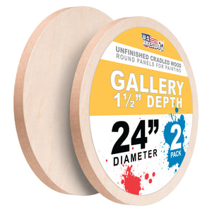 24" Round Unfinished Cradled Wood Panels for Painting, Gallery 1-1/2" Deep (2 Pack) - Artist Depth Wooden Wall Canvases - Mixed-Media Craft, Acrylic, Oil, Encaustic, Paint Pouring