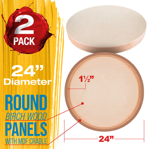 24" Round Unfinished Cradled Wood Panels for Painting, Gallery 1-1/2" Deep (2 Pack) - Artist Depth Wooden Wall Canvases - Mixed-Media Craft, Acrylic, Oil, Encaustic, Paint Pouring