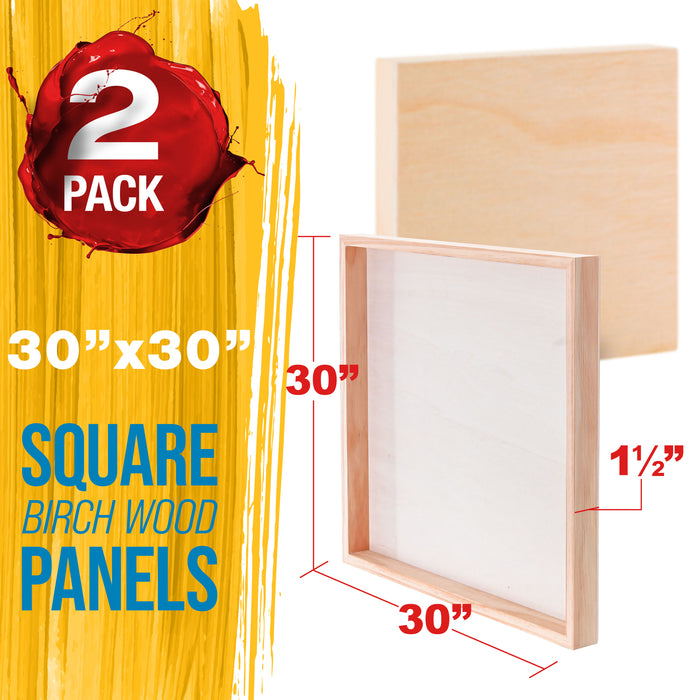 Unfinished Cradled Wood Panels for Painting, 2 Pack of 30x30 inch - Gallery Birch Wooden Canvas Boards 1-1/2" Deep - Mixed-Media Craft, Acrylic, Oil, Encaustic, Paint Pouring