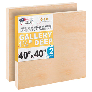 40" x 40" Unfinished Cradled Wood Panels for Painting, Gallery 1-1/2" Deep (2 Pack) - Artist Depth Wooden Wall Canvases - Mixed-Media Craft, Acrylic, Oil, Encaustic, Paint Pouring
