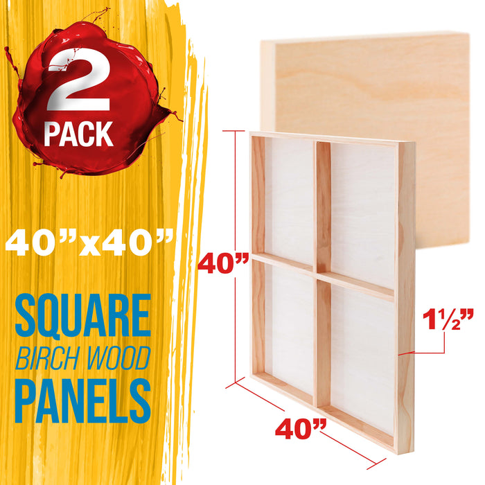 40" x 40" Unfinished Cradled Wood Panels for Painting, Gallery 1-1/2" Deep (2 Pack) - Artist Depth Wooden Wall Canvases - Mixed-Media Craft, Acrylic, Oil, Encaustic, Paint Pouring