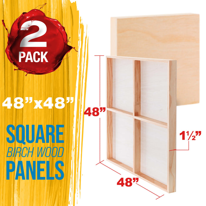 48" x 48" Unfinished Cradled Wood Panels for Painting, Gallery 1-1/2" Deep (2 Pack) - Artist Depth Wooden Wall Canvases - Mixed-Media Craft, Acrylic, Oil, Encaustic, Paint Pouring