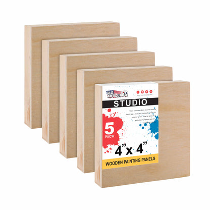 Unfinished Cradled Wood Panels for Painting, 5 Pack of 4x4 inch - Studio Birch Wooden Canvas Boards 3/4" Deep - Mixed-Media Craft, Acrylic, Oil, Encaustic, Paint Pouring Panel Board