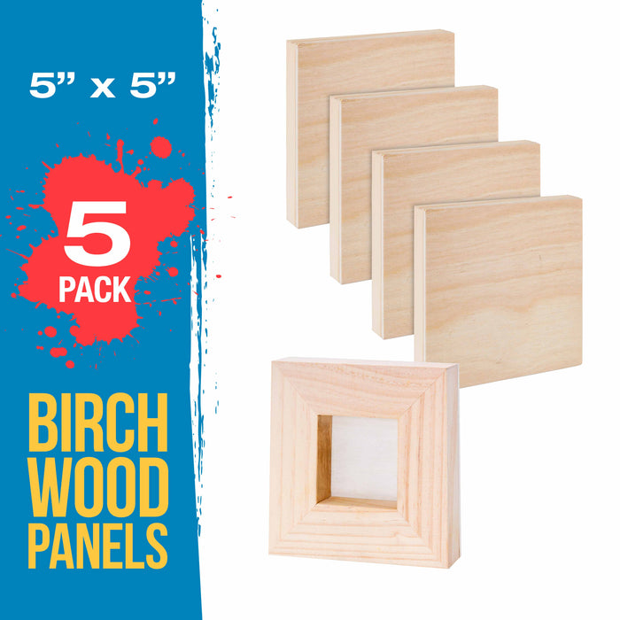 5" x 5" Birch Wood Paint Pouring Panel Boards, Studio 3/4" Deep Cradle (Pack of 5) - Artist Wooden Wall Canvases - Painting Mixed-Media, Acrylic, Oil