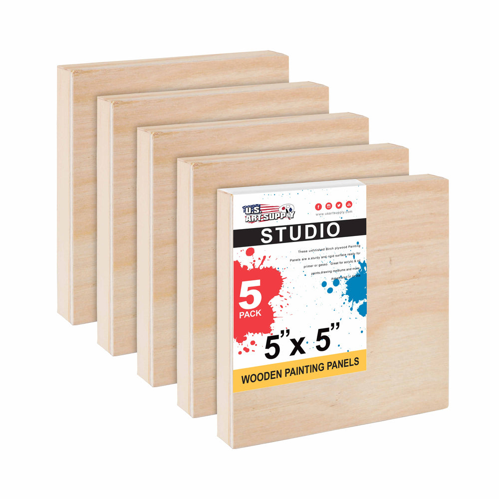 5" x 5" Birch Wood Paint Pouring Panel Boards, Studio 3/4" Deep Cradle (Pack of 5) - Artist Wooden Wall Canvases - Painting Mixed-Media, Acrylic, Oil