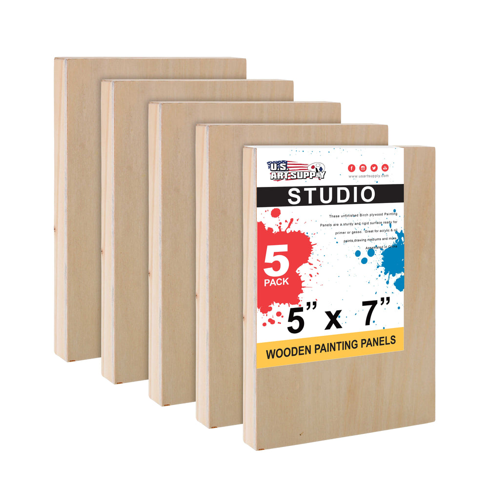 Unfinished Cradled Wood Panels for Painting, 5 Pack of 5x7 inch - Studio Birch Wooden Canvas Boards 3/4" Deep - Mixed-Media Craft, Acrylic, Oil, Encaustic, Paint Pouring Panel Board