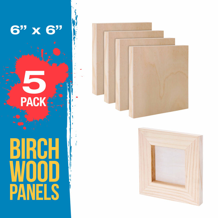 6" x 6" Birch Wood Paint Pouring Panel Boards, Studio 3/4" Deep Cradle (Pack of 5) - Artist Wooden Wall Canvases - Painting Mixed-Media, Acrylic, Oil