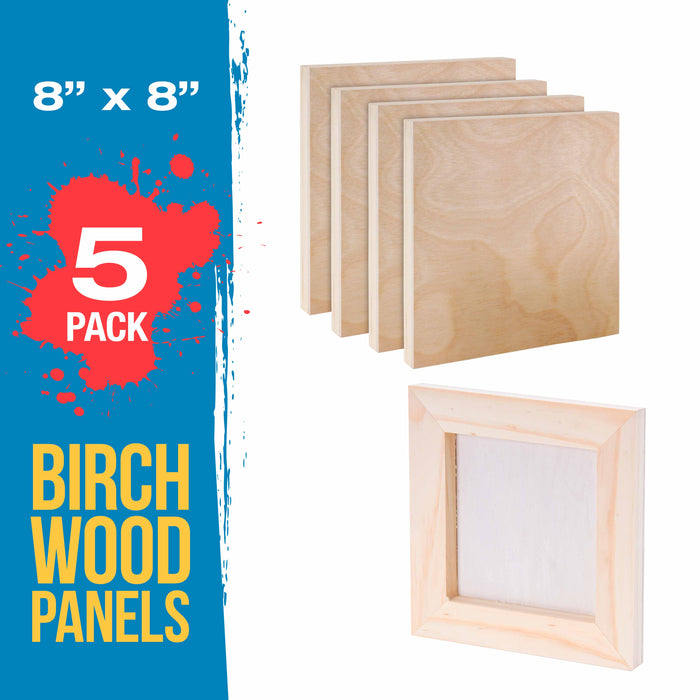 8" x 8" Birch Wood Paint Pouring Panel Boards, Studio 3/4" Deep Cradle (Pack of 5) - Artist Wooden Wall Canvases - Painting Mixed-Media, Acrylic, Oil