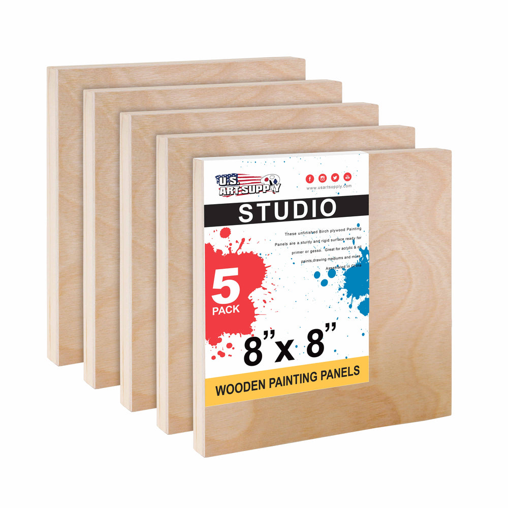 8" x 8" Birch Wood Paint Pouring Panel Boards, Studio 3/4" Deep Cradle (Pack of 5) - Artist Wooden Wall Canvases - Painting Mixed-Media, Acrylic, Oil