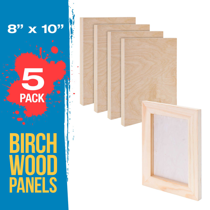 8" x 10" Birch Wood Paint Pouring Panel Boards, Studio 3/4" Deep Cradle (Pack of 5) - Artist Wooden Wall Canvases - Painting Mixed-Media, Acrylic, Oil