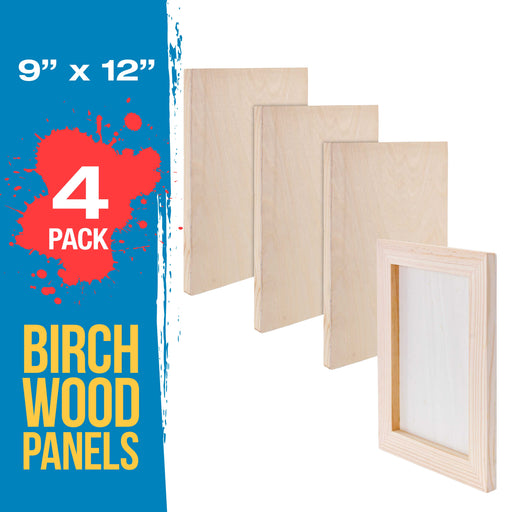 9" x 12" Birch Wood Paint Pouring Panel Boards, Studio 3/4" Deep Cradle (Pack of 4) - Artist Wooden Wall Canvases - Painting Mixed-Media, Acrylic, Oil