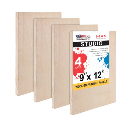Unfinished Cradled Wood Panels for Painting, 4 Pack of 9x12 inch - Studio Birch Wooden Canvas Boards 3/4" Deep - Mixed-Media Craft, Acrylic, Oil, Encaustic, Paint Pouring Panel Board