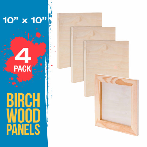 10" x 10" Birch Wood Paint Pouring Panel Boards, Studio 3/4" Deep Cradle (Pack of 4) - Artist Wooden Wall Canvases - Painting Mixed-Media, Acrylic