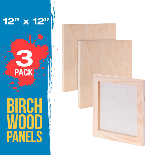 12" x 12" Birch Wood Paint Pouring Panel Boards, Studio 3/4" Deep Cradle (Pack of 3) - Artist Wooden Wall Canvases - Painting Mixed-Media, Acrylic