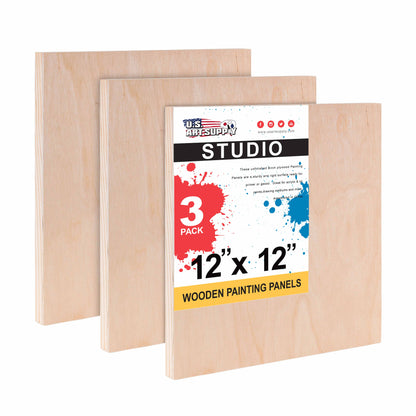 Unfinished Cradled Wood Panels for Painting, 3 Pack of 12x12 inch - Studio Birch Wooden Canvas Boards 3/4" Deep - Mixed-Media Craft, Acrylic, Oil, Encaustic, Paint Pouring Panel Board