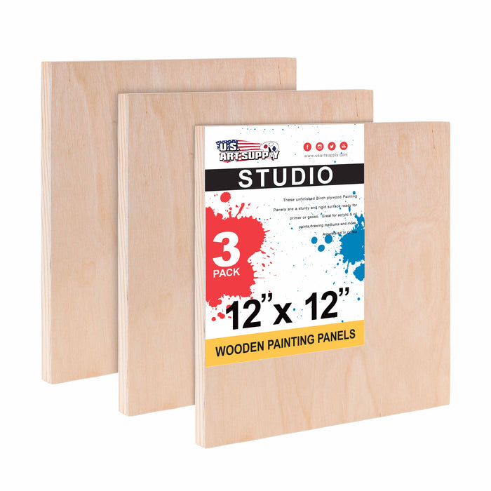 12" x 12" Birch Wood Paint Pouring Panel Boards, Studio 3/4" Deep Cradle (Pack of 3) - Artist Wooden Wall Canvases - Painting Mixed-Media, Acrylic