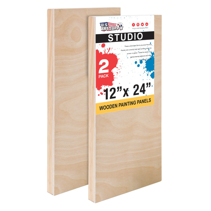 12" x 24" Birch Wood Paint Pouring Panel Boards, Studio 3/4" Deep Cradle (Pack of 2) - Artist Wooden Wall Canvases - Painting, Acrylic, Oil