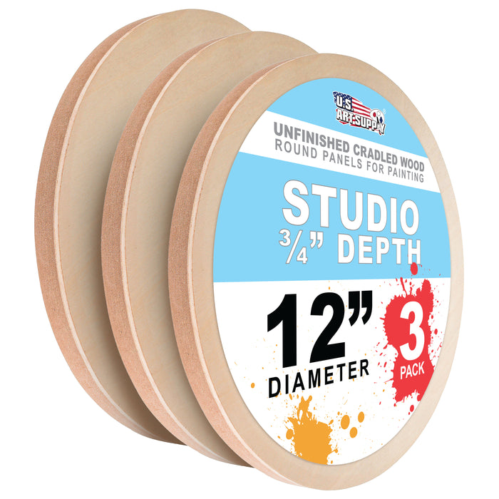 12" Round Unfinished Cradled Wood Panels for Painting, Studio 3/4" Deep (3 Pack) - Artist Depth Wooden Wall Canvases - Mixed-Media Craft, Acrylic, Oil, Encaustic, Paint Pouring
