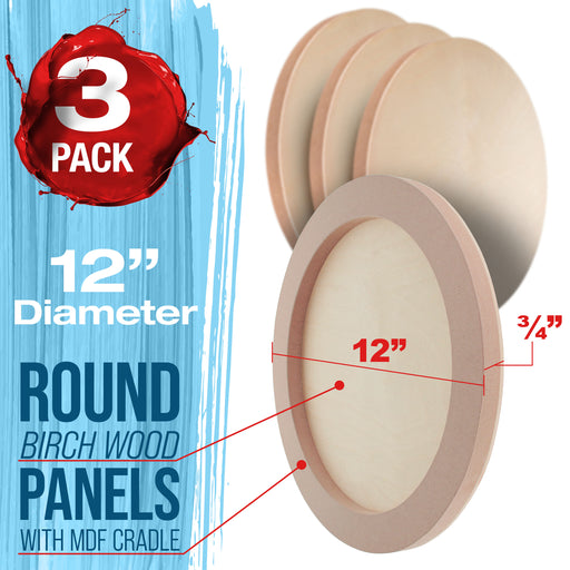 12" Round Unfinished Cradled Wood Panels for Painting, Studio 3/4" Deep (3 Pack) - Artist Depth Wooden Wall Canvases - Mixed-Media Craft, Acrylic, Oil, Encaustic, Paint Pouring
