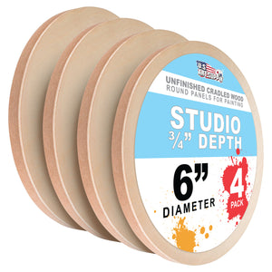 6" Round Unfinished Cradled Wood Panels for Painting, Studio 3/4" Deep (4 Pack) - Artist Depth Wooden Wall Canvases - Mixed-Media Craft, Acrylic, Oil, Encaustic, Paint Pouring