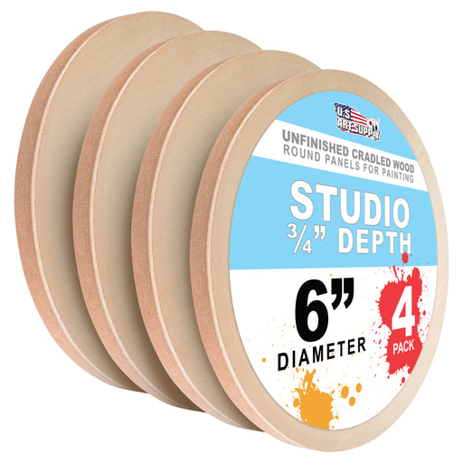 6" Round Unfinished Cradled Wood Panels for Painting, Studio 3/4" Deep (4 Pack) - Artist Depth Wooden Wall Canvases - Mixed-Media Craft, Acrylic, Oil, Encaustic, Paint Pouring