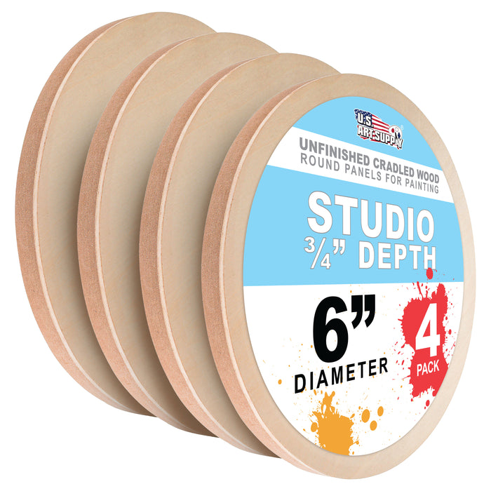 6" Round Unfinished Cradled Wood Panels for Painting, Studio 3/4" Deep (4 Pack) - Artist Depth Wooden Wall Canvases - Mixed-Media Craft, Acrylic, Oil, Encaustic, Paint Pouring