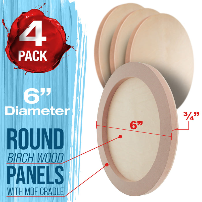 6" Round Unfinished Cradled Wood Panels for Painting, Studio 3/4" Deep (4 Pack) - Artist Depth Wooden Wall Canvases - Mixed-Media Craft, Acrylic, Oil, Encaustic, Paint Pouring