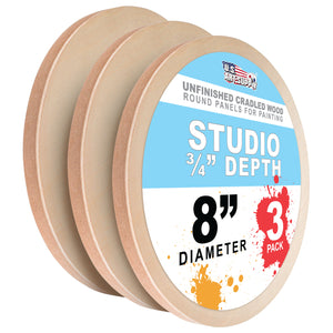 8" Round Unfinished Cradled Wood Panels for Painting, Studio 3/4" Deep (3 Pack) - Artist Depth Wooden Wall Canvases - Mixed-Media Craft, Acrylic, Oil, Encaustic, Paint Pouring