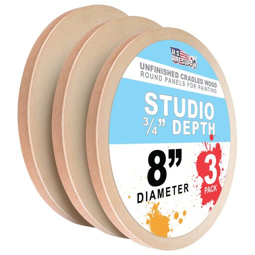8" Round Unfinished Cradled Wood Panels for Painting, Studio 3/4" Deep (3 Pack) - Artist Depth Wooden Wall Canvases - Mixed-Media Craft, Acrylic, Oil, Encaustic, Paint Pouring