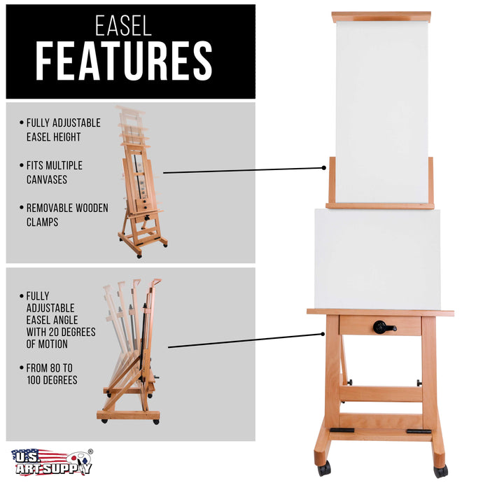 Double Rocker Crank Heavy Duty Extra Large Wooden Studio Floor Easel - Sturdy Double Mast Adjustable H-Frame - Beech Wood Artist Painting Canvas Stand