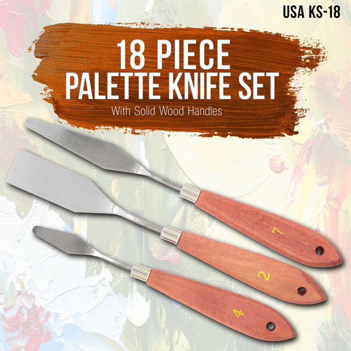 U.S. Art Supply 18-Piece Stainless Steel Palette Knife Set - Spatula Painting Knives to Mix, Spread, Apply Oil & Acrylic Paint on Canvases, Cake Icing